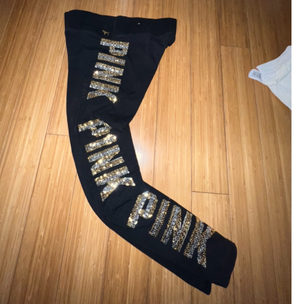 Victorias secret pink size small Black Leggings with Gold Sequin Lettering rare